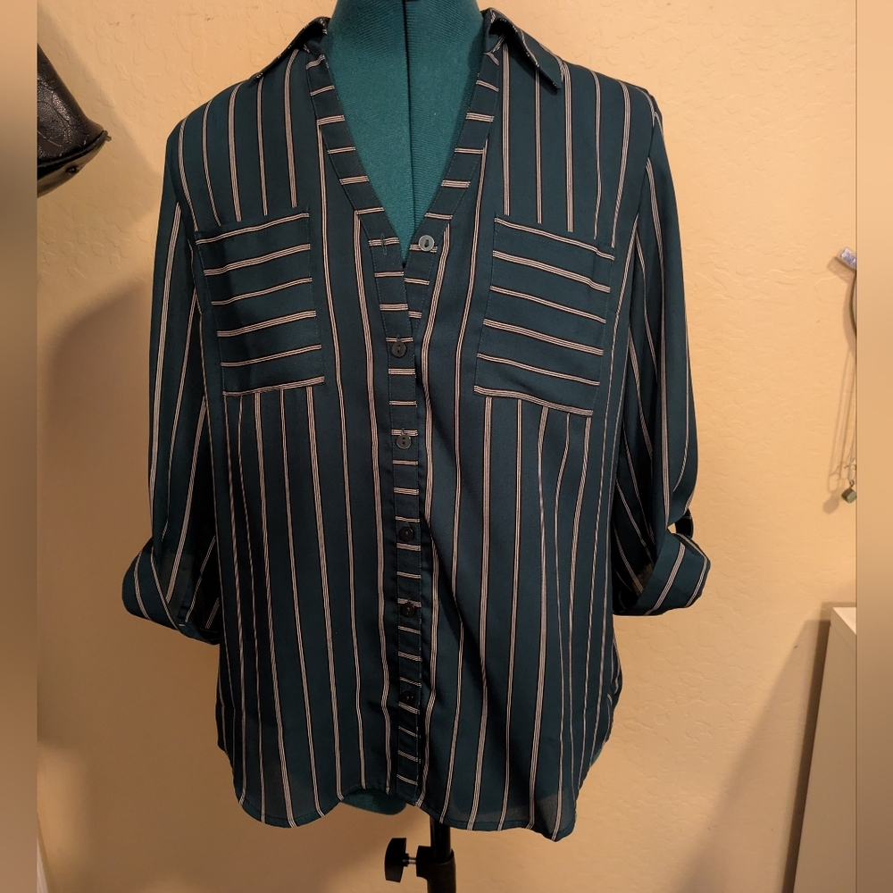 by & by Teal and White Striped Button-Up Blouse